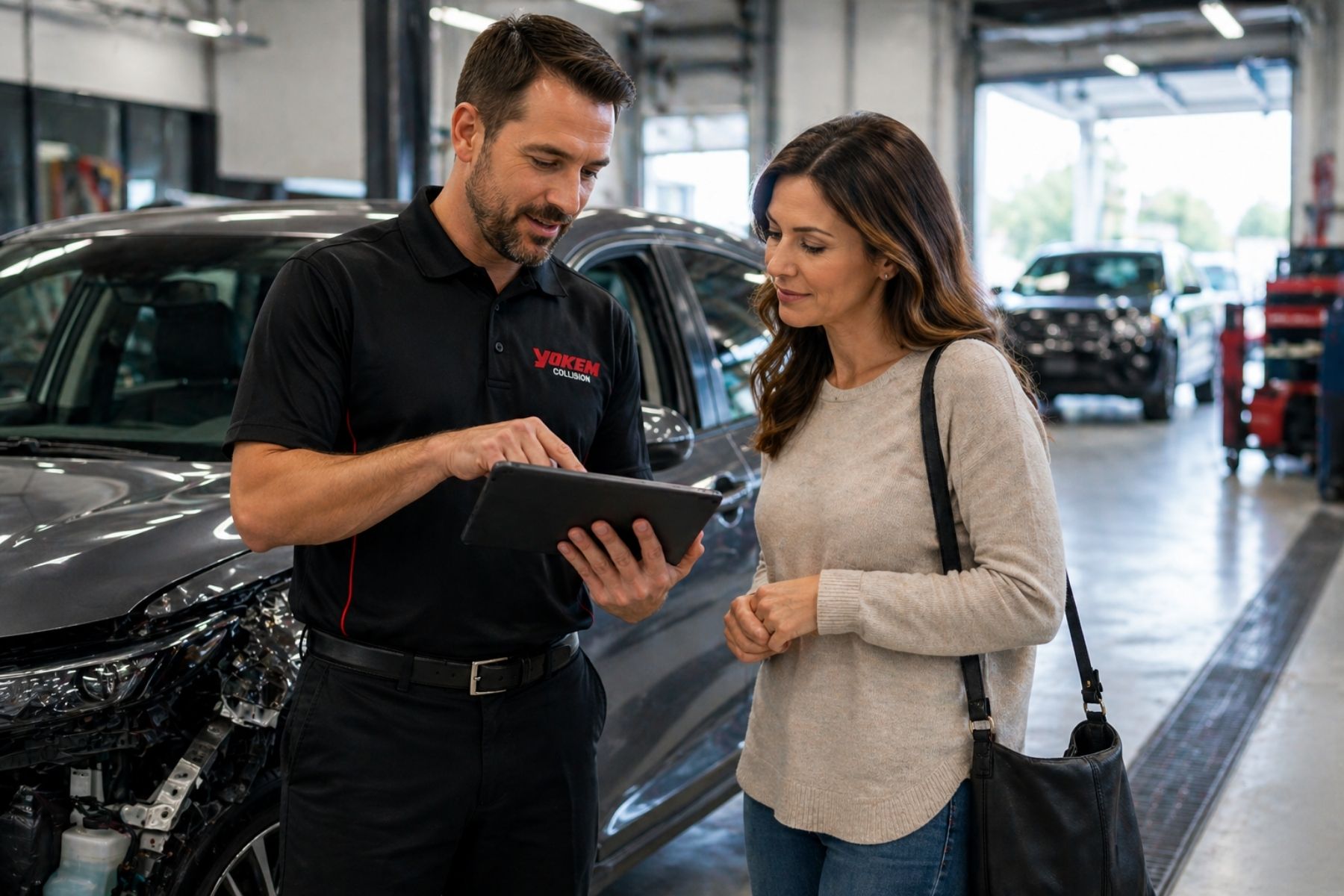 Yokem Collision service advisor walking customer through repair estimate