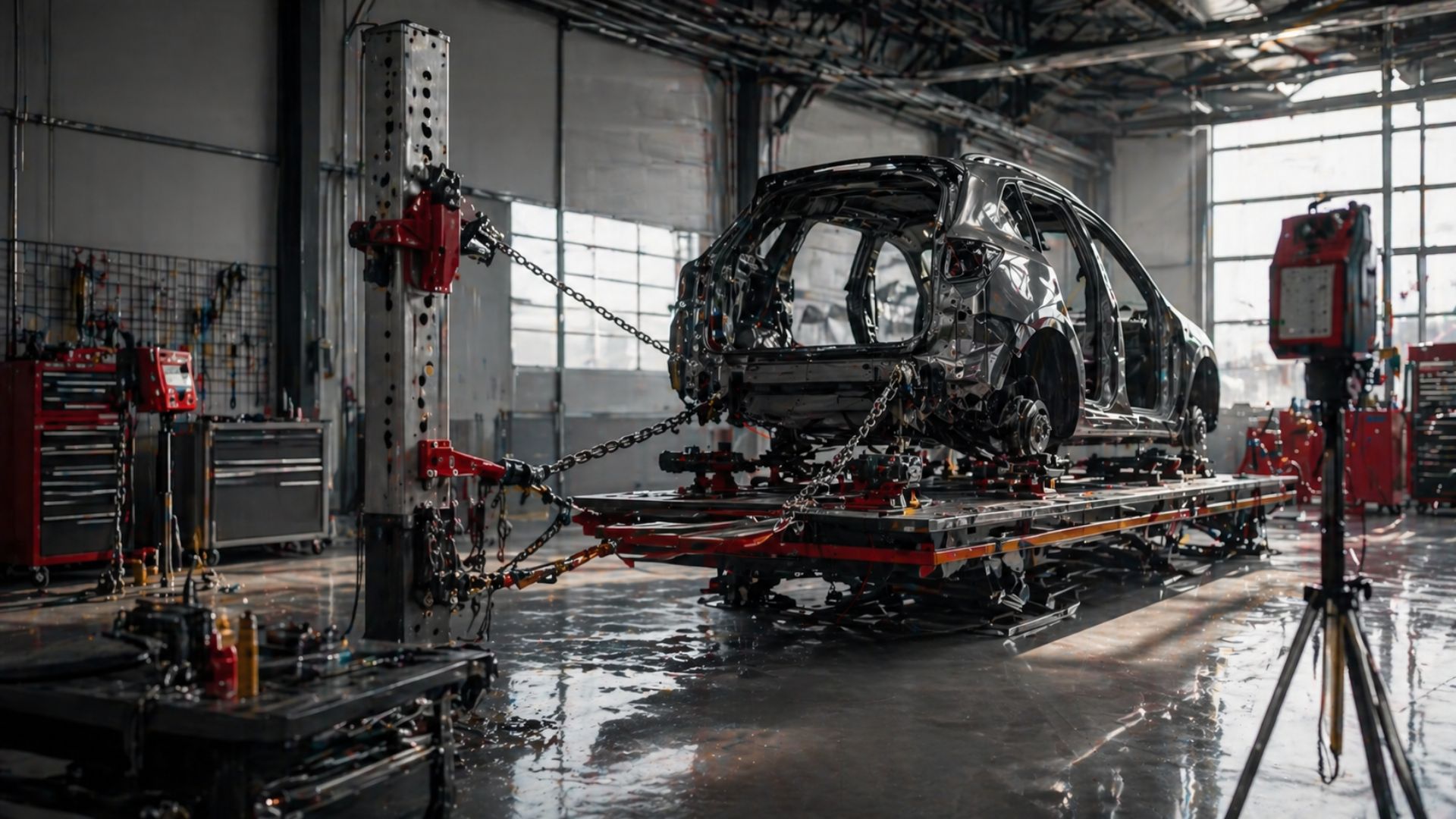 Vehicle on frame straightening rack during disassembly and inspection at Yokem Collision