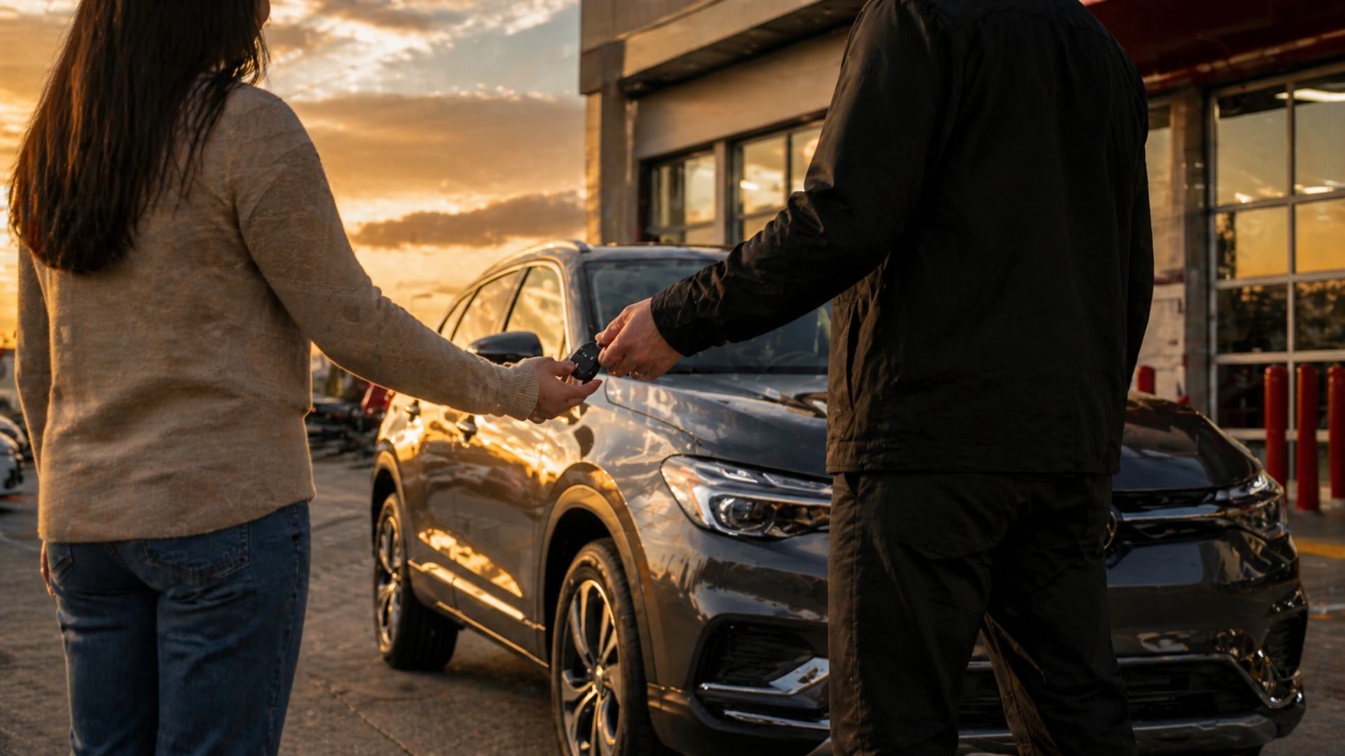 Customer receiving keys to repaired vehicle at Yokem Collision