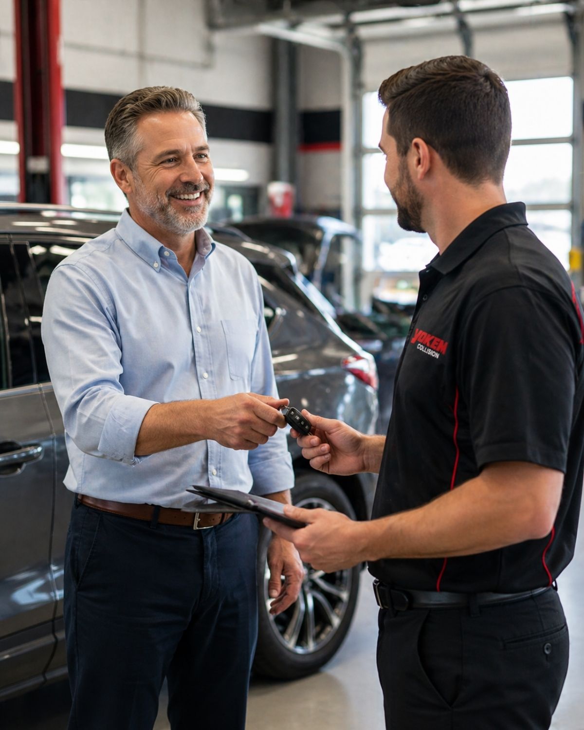 Yokem Collision service advisor reviewing repair details with customer